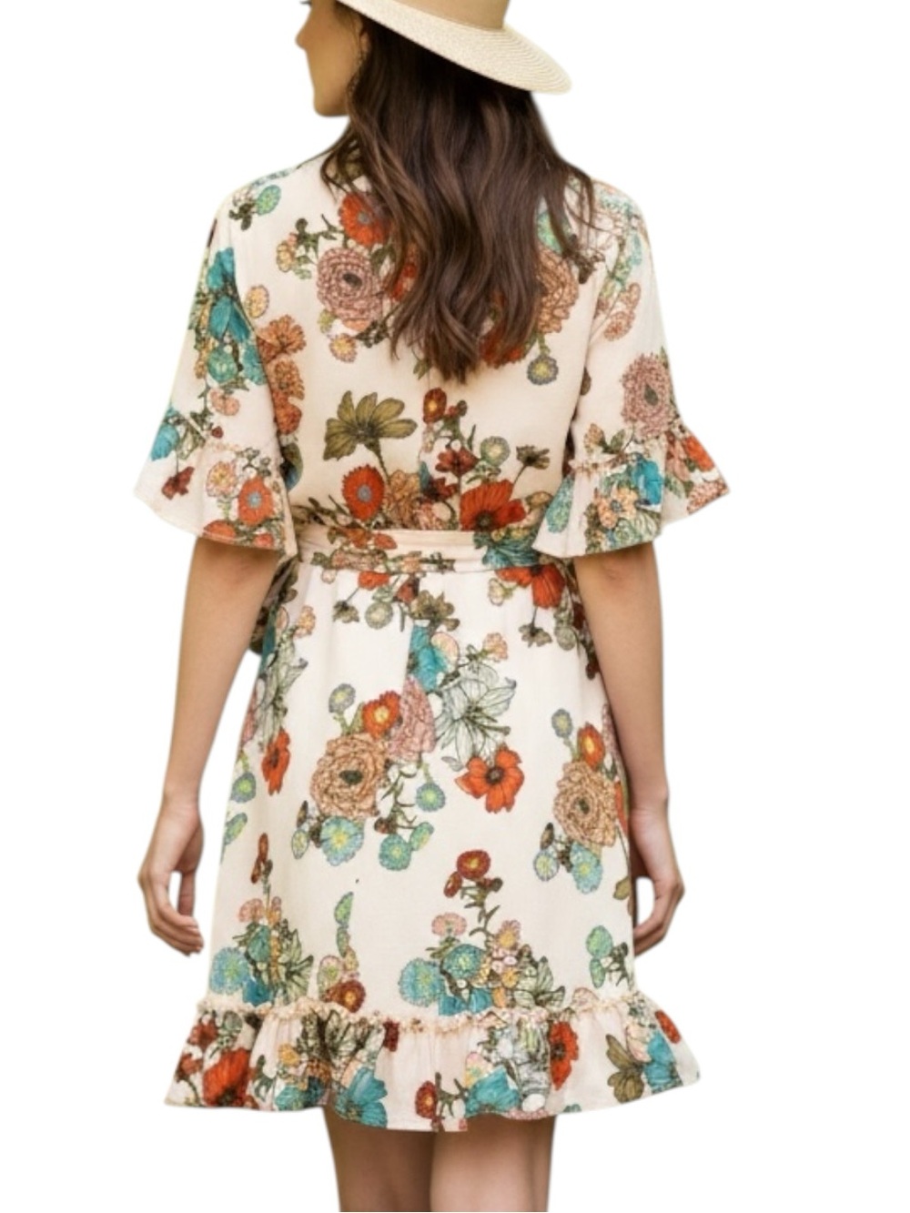 NEW Vintage Floral Print Cream Mock Wrap Ruffle Dress Sash Waist Women Small - Picture 5 of 8